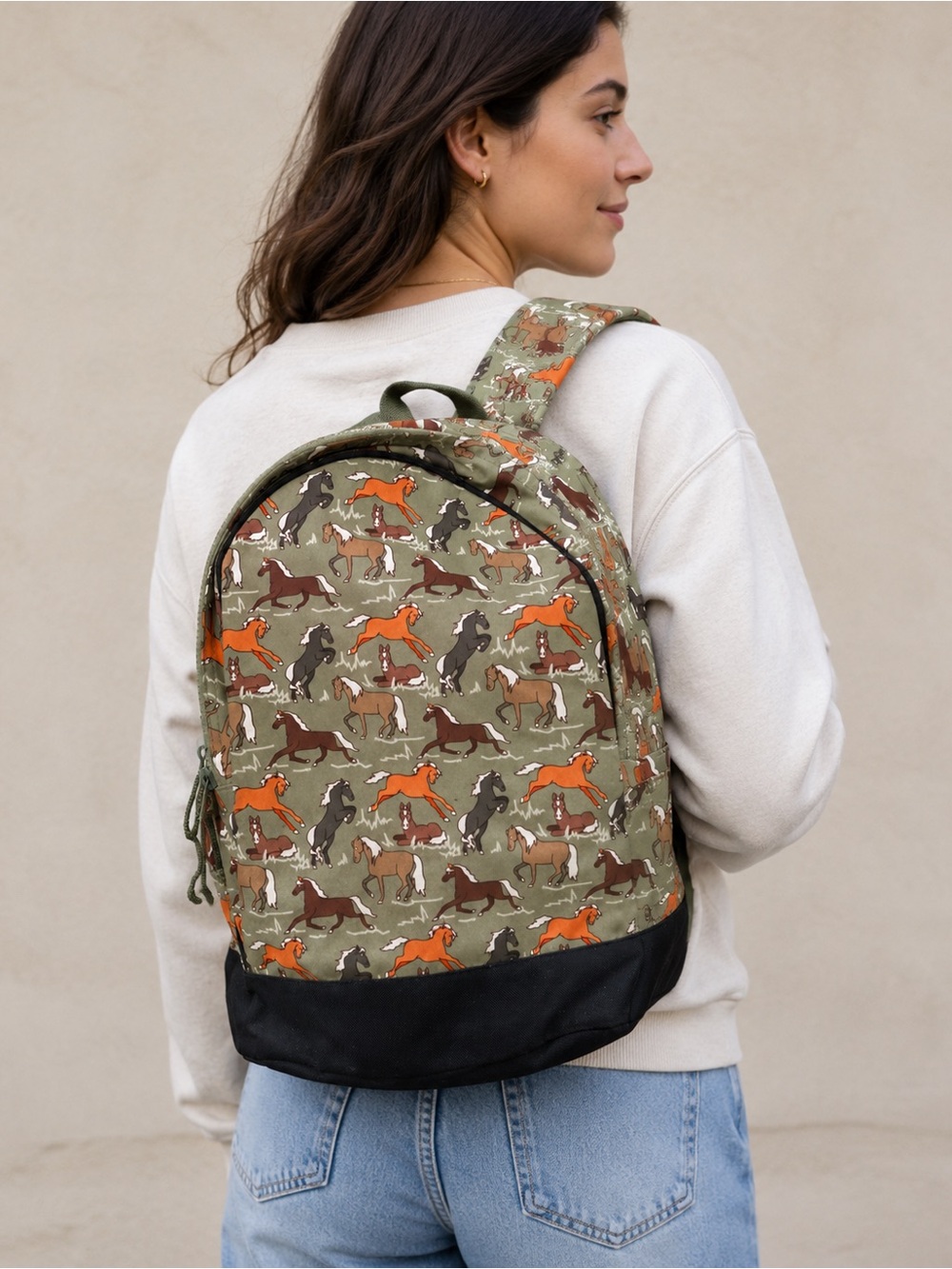Novelty Backpack Horses Ponies Western Green Brown Orange Bag
